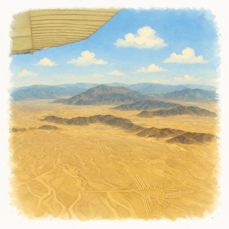 Butterfly geoglyph on the desert floor of the Nazca Lines in Ica, Peru, viewed from above with mountains beyond.