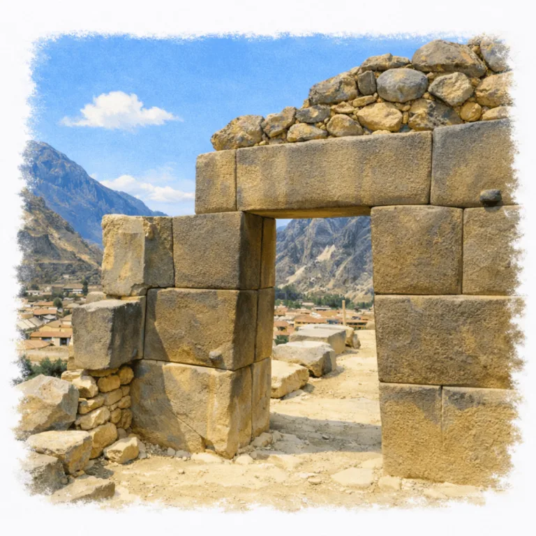Inca stone doorway at Ollantaytambo in Peru’s Sacred Valley, framing the town and steep Andes mountains beyond.