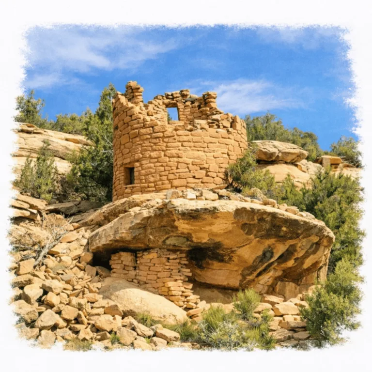 Ancestral Puebloan tower at Painted Hand Pueblo in Canyons of the Ancients, Colorado, above an alcove containing painted hand pictographs.