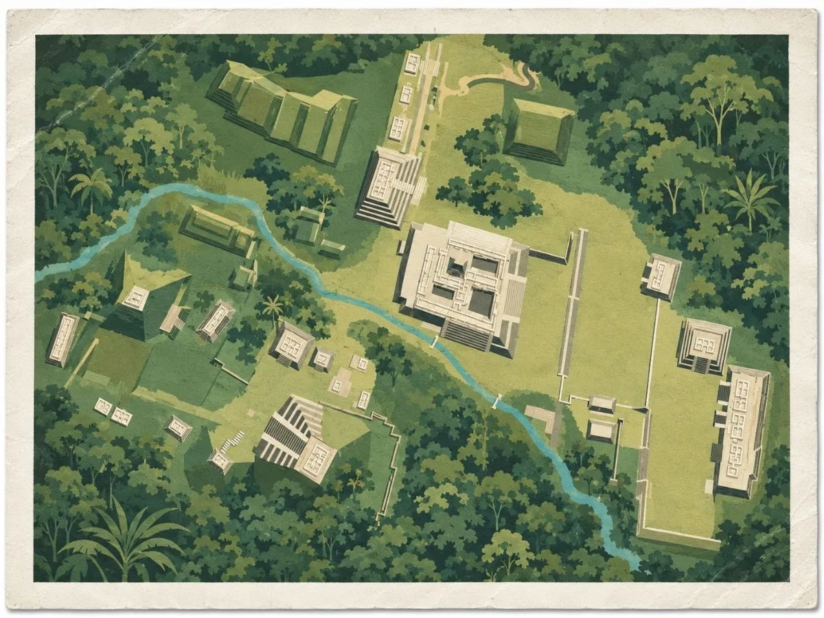 Illustrated aerial map of Palenque in Chiapas, Mexico, showing Maya temples, plazas, palace complexes, pathways, and the stream running through the archaeological site.
