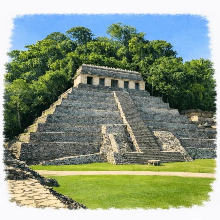 Temple of the Inscriptions at Palenque in Chiapas, Mexico, with a broad central staircase rising across stepped stone terraces to a Maya temple at the summit.