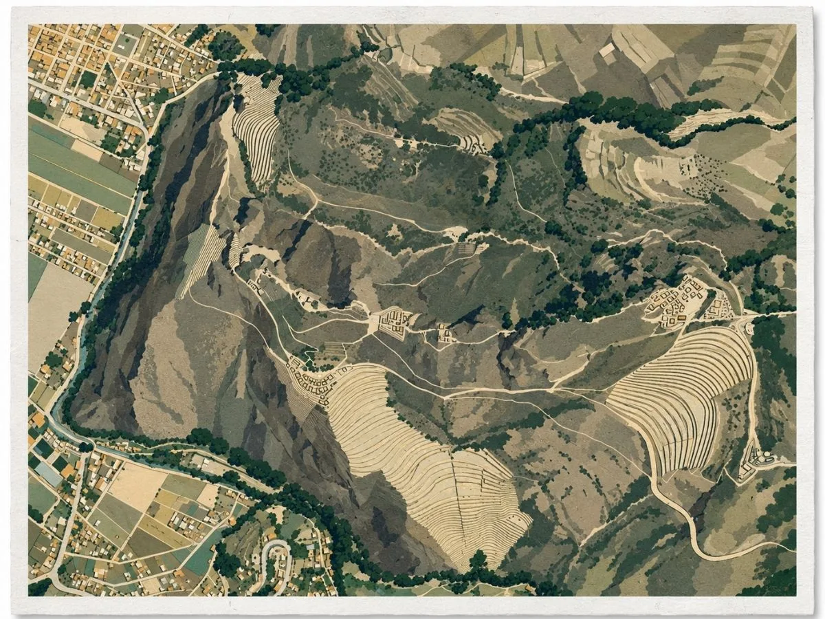 Illustrated aerial site map of Pisac in Cusco, Peru, showing Inca ruins, extensive agricultural terraces, mountain pathways, and the modern town along the valley edge.