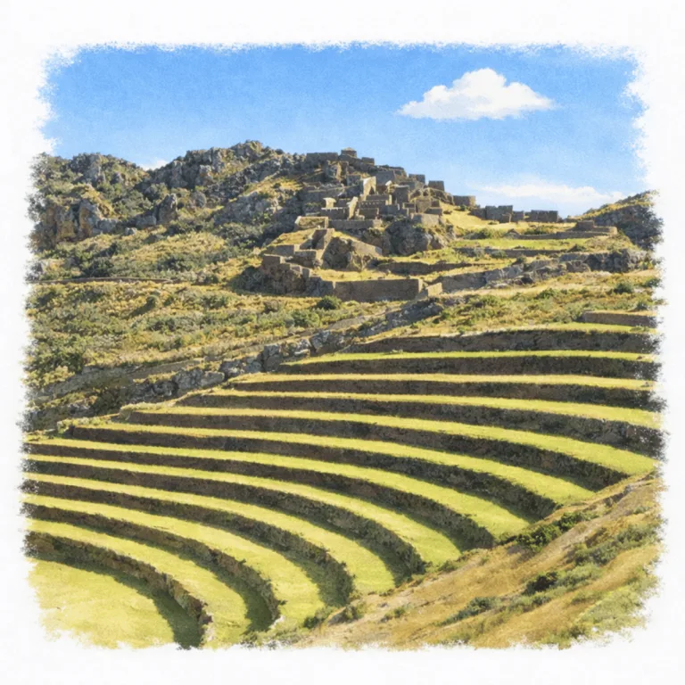 Inca agricultural terraces at Pisac in Peru’s Sacred Valley, curving across the mountainside below the archaeological settlement.