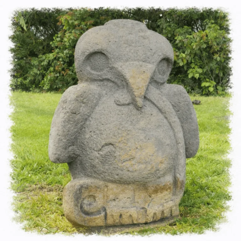 Zoomorphic stone statue at San Agustín in Huila, Colombia, depicting a bird of prey holding a serpent in its beak and claws.