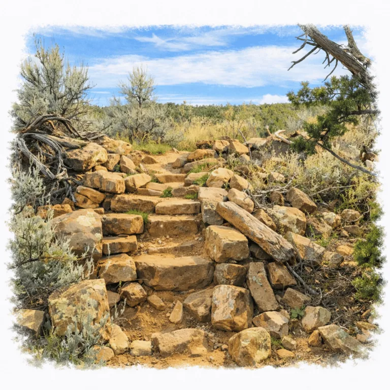 Stone steps and low masonry remains at Sand Canyon Pueblo in southwestern Colorado, surrounded by sagebrush, dry grasses, juniper, and scattered rocks.