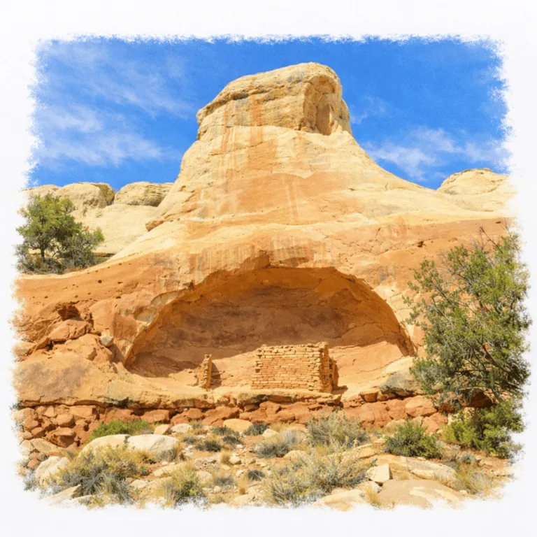 Ancestral Puebloan masonry structure sheltered beneath a large sandstone alcove at Saddlehorn Pueblo along the Sand Canyon Trail in southwestern Colorado.