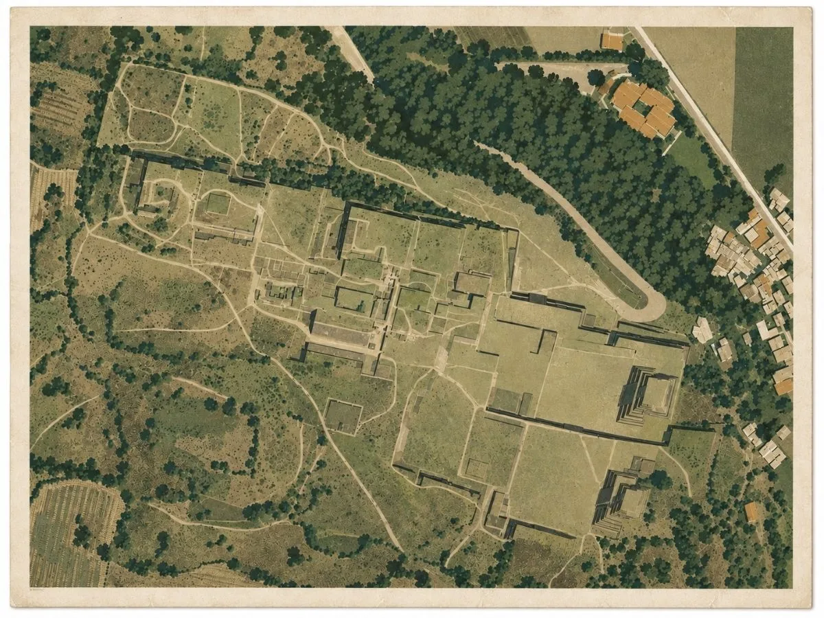 Illustrated aerial site map of Teotenango in the State of Mexico, showing Matlatzinca plazas, stepped platforms, temples, pathways, terraces, and the surrounding slopes of Cerro Tetépetl.