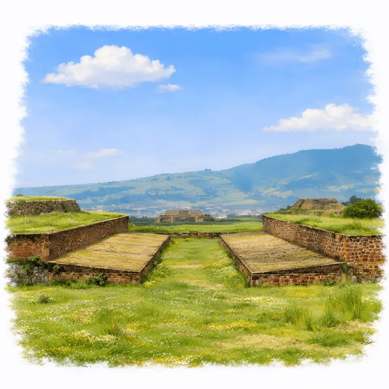Sunken ballcourt at Teotenango in the State of Mexico, with a long grassy playing alley bordered by parallel sloping stone platforms and the Valley of Toluca beyond.