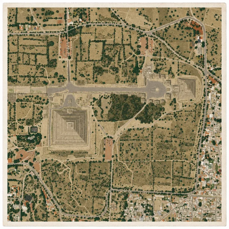 Illustrated aerial site map of northern Teotihuacan showing the Pyramids of the Sun and Moon, the Avenue of the Dead, plazas, surrounding structures, and nearby modern development.
