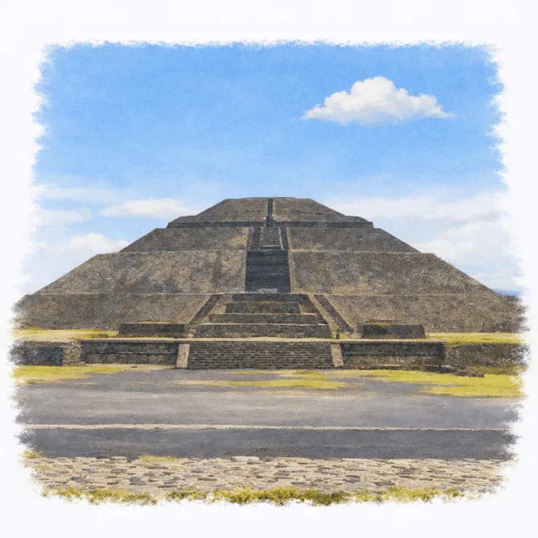 Pyramid of the Sun at Teotihuacan in the State of Mexico, with massive stepped terraces and a central stone staircase rising to the summit.