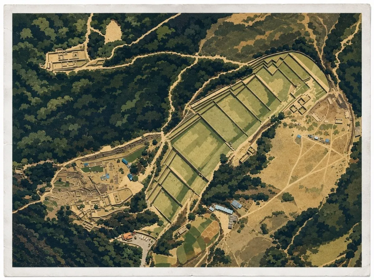 Illustrated site map of Tipón near Cusco, Peru, showing the Inca terrace complex, buildings, pathways, waterworks, and surrounding mountain terrain. Tipón is especially noted for its agricultural terraces and network of channels and fountains.