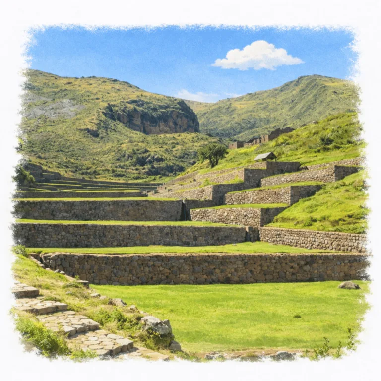 Inca agricultural terraces at Tipón near Cusco, Peru, with broad stone retaining walls stepping across a green mountain valley.