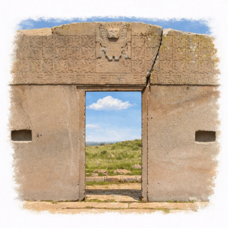 Gate of the Sun at Tiwanaku in Bolivia, carved from a single block of andesite with a central staff-bearing figure above the doorway and rows of smaller winged figures across the lintel.