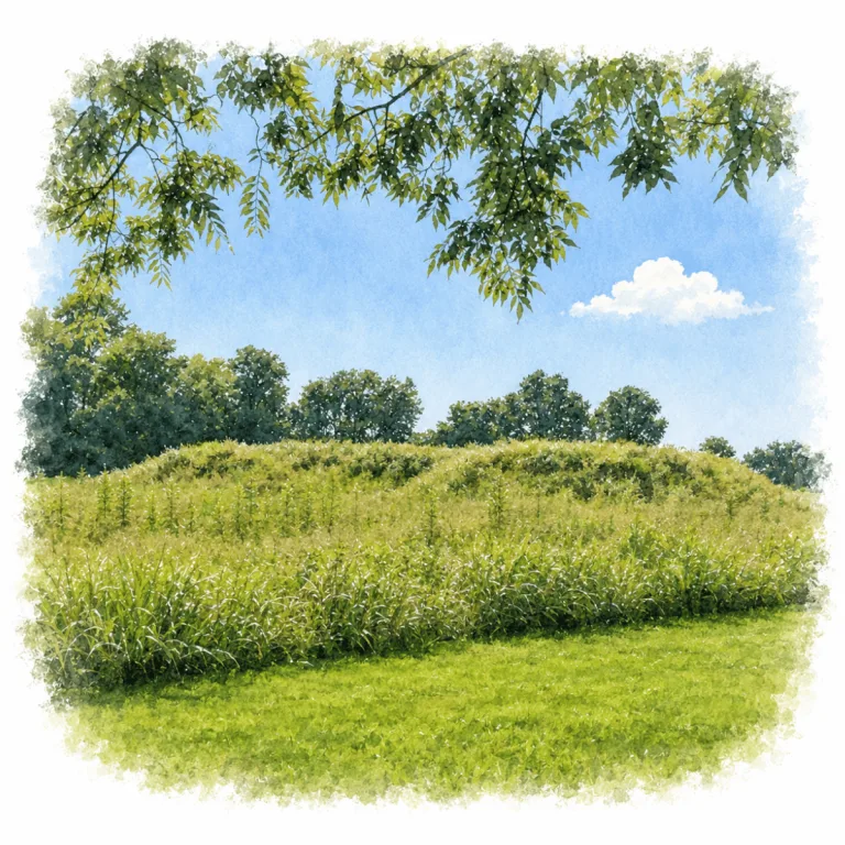 Grass-covered earthen mound at Towosahgy State Historic Site in Mississippi County, Missouri, part of a former Mississippian fortified village and civic-ceremonial center.