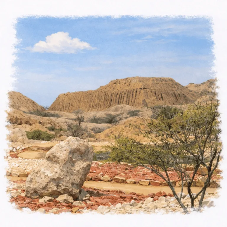 Large eroded adobe huaca at Túcume in Lambayeque, Peru, part of the archaeological complex known as the Valley of the Pyramids.