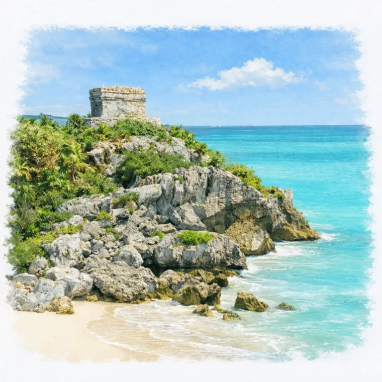 Temple of the Wind at Tulum in Quintana Roo, Mexico, standing on a rocky limestone headland above the turquoise Caribbean Sea.