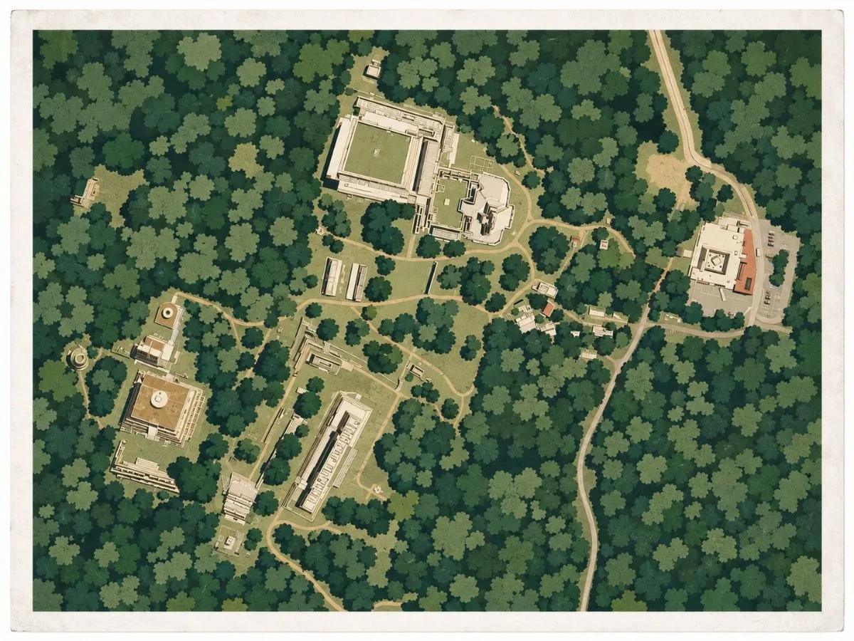 Illustrated aerial map of the Maya archaeological site of Uxmal in Yucatán, Mexico, showing its major temple and palace complexes, courtyards, perimeter wall, and surrounding forest.