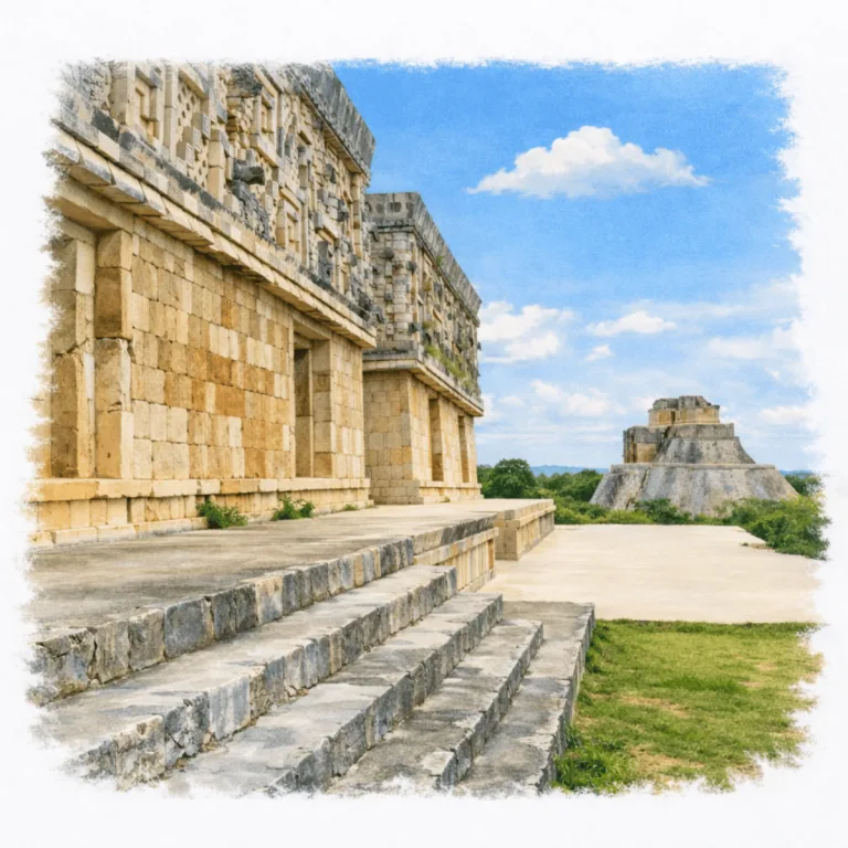 Uxmal in Yucatan, Mexico, with a Puuc-style stone building in the foreground and the Pyramid of the Magician visible in the background.