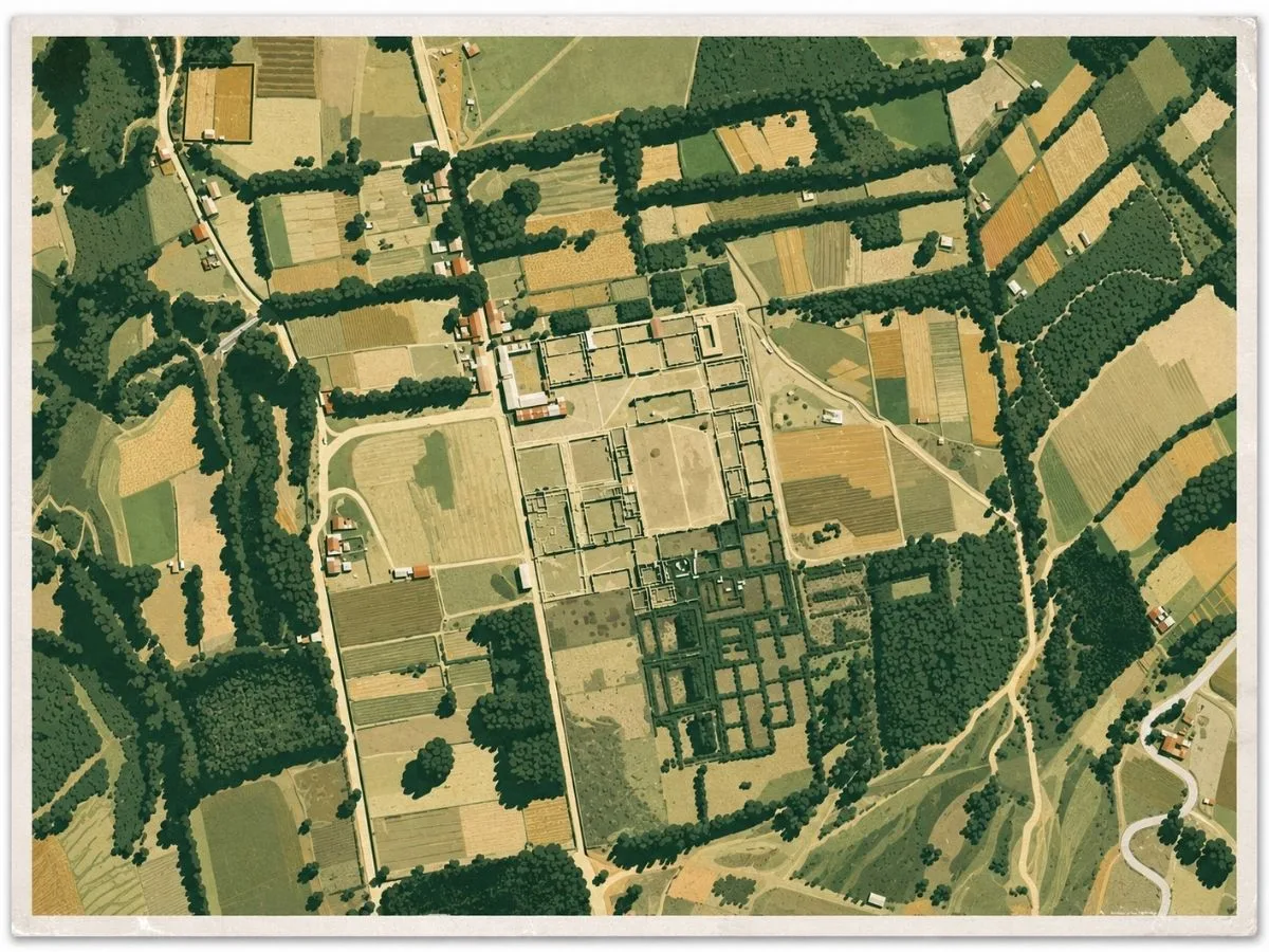 Illustrated aerial site map of Viracochapampa near Huamachuco, Peru, showing the large planned walled complex, rectangular enclosures, plazas, pathways, and surrounding agricultural fields.