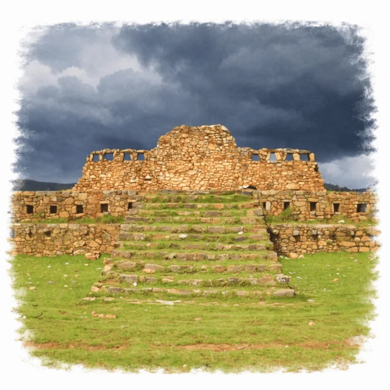 Broad stone staircase rising to masonry ruins at Viracochapampa, a Wari archaeological site near Huamachuco in La Libertad, Peru, beneath dark storm clouds.