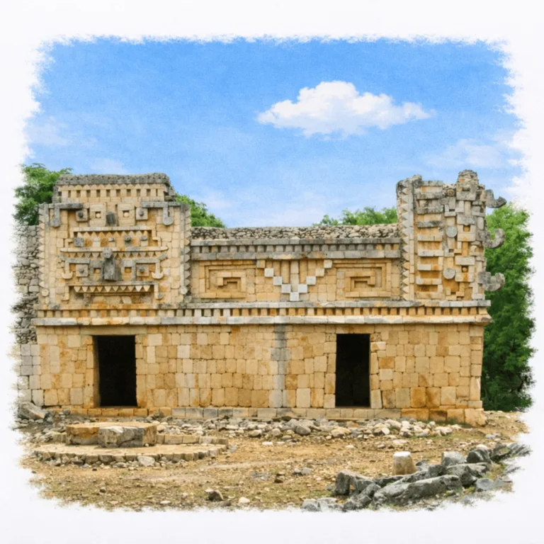 The Palace at Xlapak in Yucatán, Mexico, with two doorways and an elaborate Puuc-style upper façade decorated with geometric stone mosaics and stacked masks of the Maya rain god Chaac.