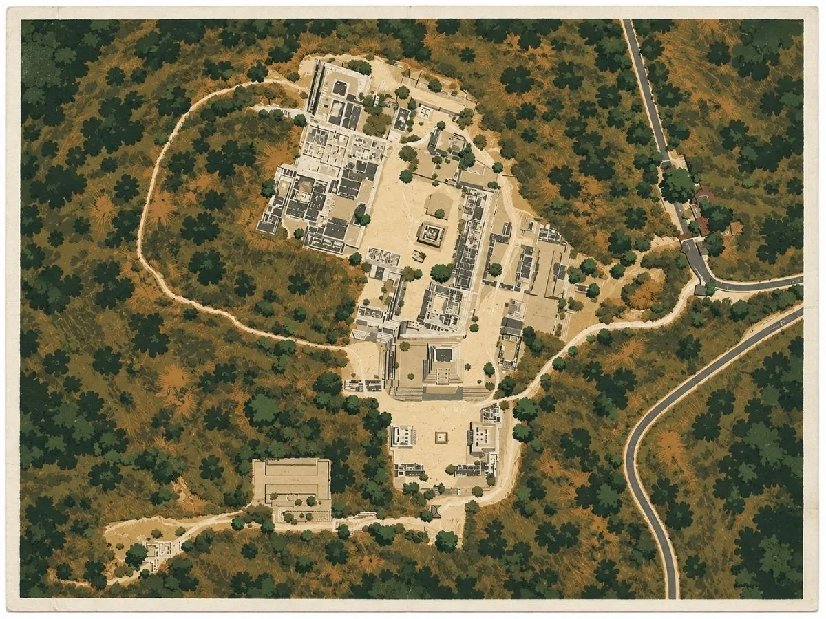Illustrated aerial site map of Xochicalco in Morelos, Mexico, showing hilltop plazas, stepped pyramids, palace complexes, terraces, pathways, and surrounding woodland.