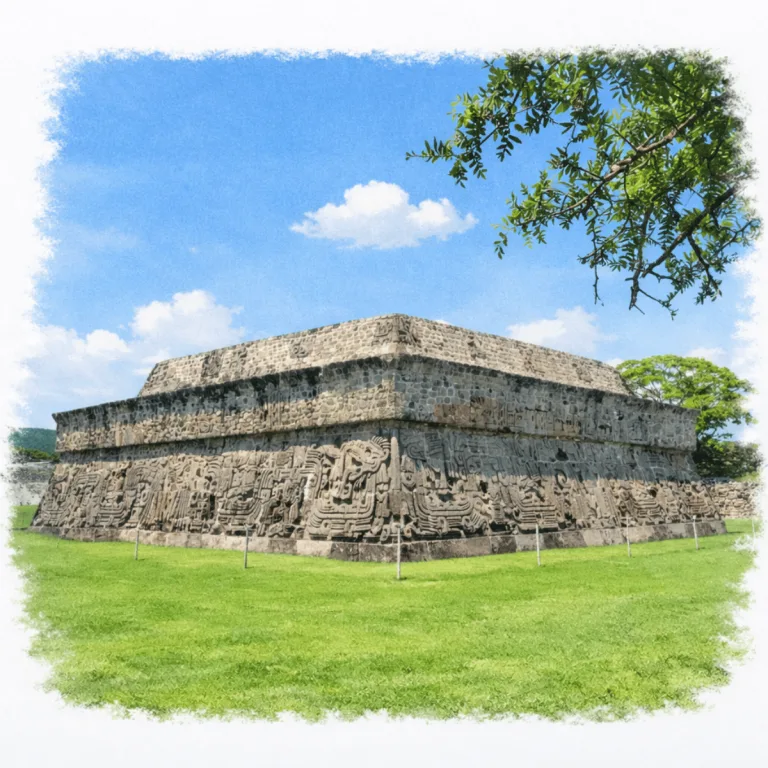 Temple of the Feathered Serpents at Xochicalco in Morelos, Mexico, with monumental stone façades covered in carved feathered serpent reliefs.