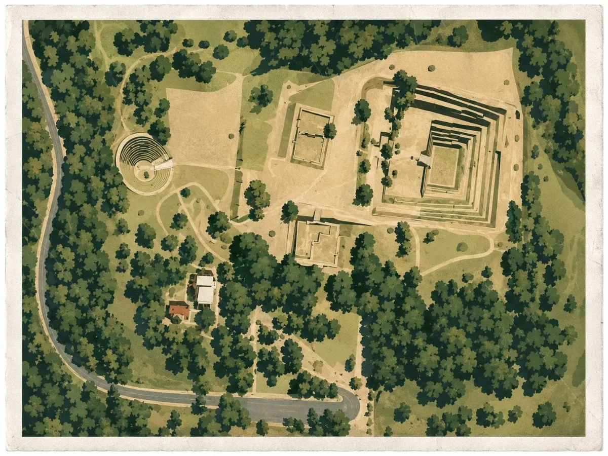 Illustrated aerial site map of Xochitécatl in Tlaxcala, Mexico, showing the Pyramid of the Flowers, Spiral Pyramid, ceremonial plaza, smaller structures, pathways, and surrounding woodland.