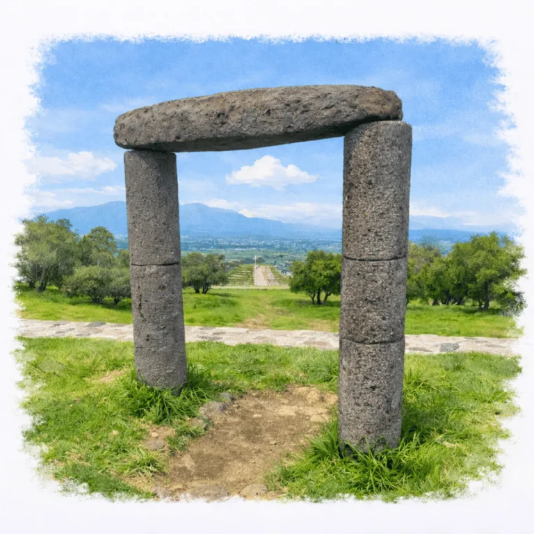 Stone doorway formed by two volcanic stone columns and a lintel atop the Pyramid of the Flowers at Xochitécatl in Tlaxcala, Mexico, with the Spiral Pyramid visible through the opening and the valley beyond.