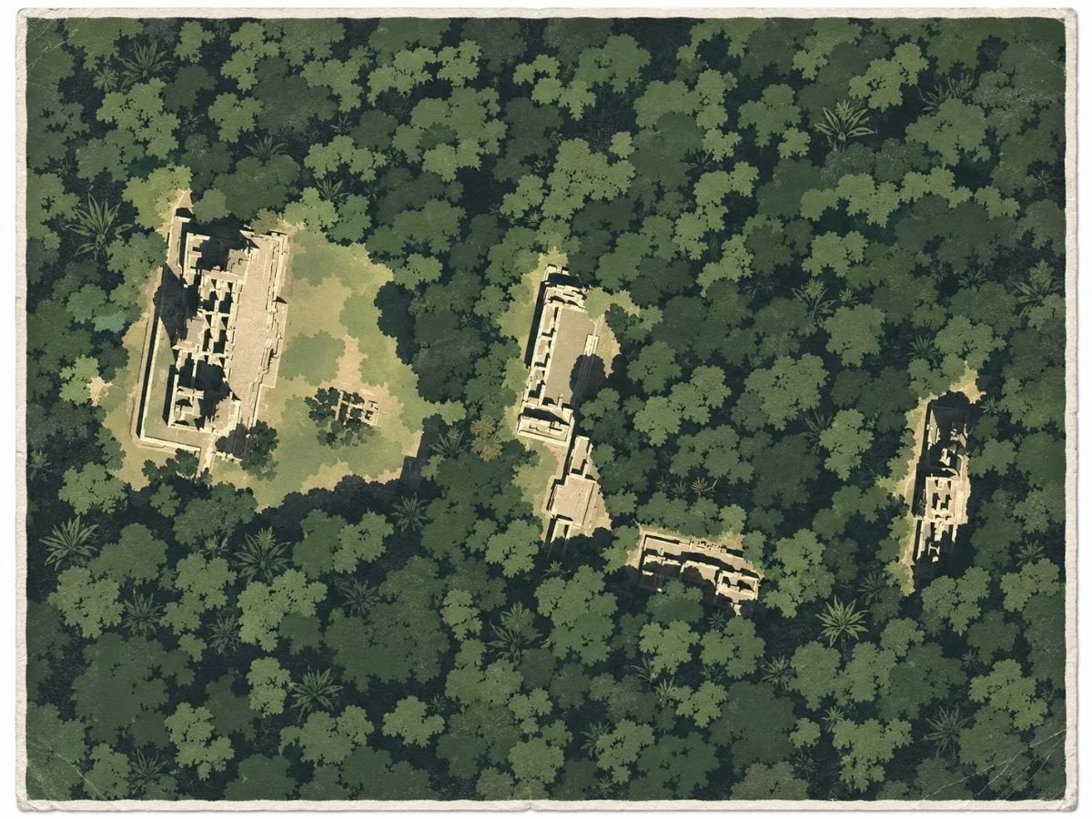 Illustrated aerial site map of Xpuhil in Campeche, Mexico, showing separate Maya architectural groups, plazas, pathways, and monumental structures surrounded by dense tropical forest.