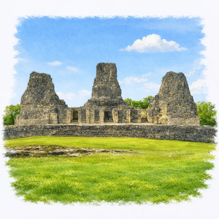 Structure I-1, known as the Building of the Three Towers, at Xpuhil in Campeche, Mexico, with three tall Río Bec-style masonry towers rising above a long Maya structure.