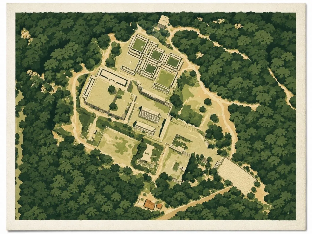 Illustrated aerial site map of Yagul in Oaxaca, Mexico, showing Zapotec palace complexes, plazas, the ballcourt, pathways, and surrounding forest.