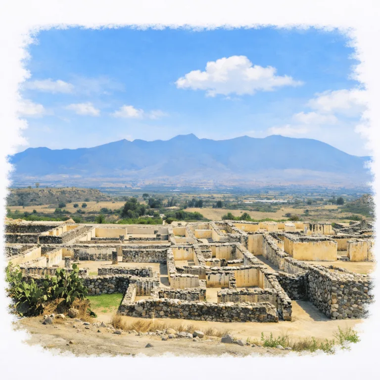 Palace of the Six Patios at Yagul in Oaxaca, Mexico, with interconnected Zapotec rooms and courtyards overlooking the Tlacolula Valley and distant mountains.