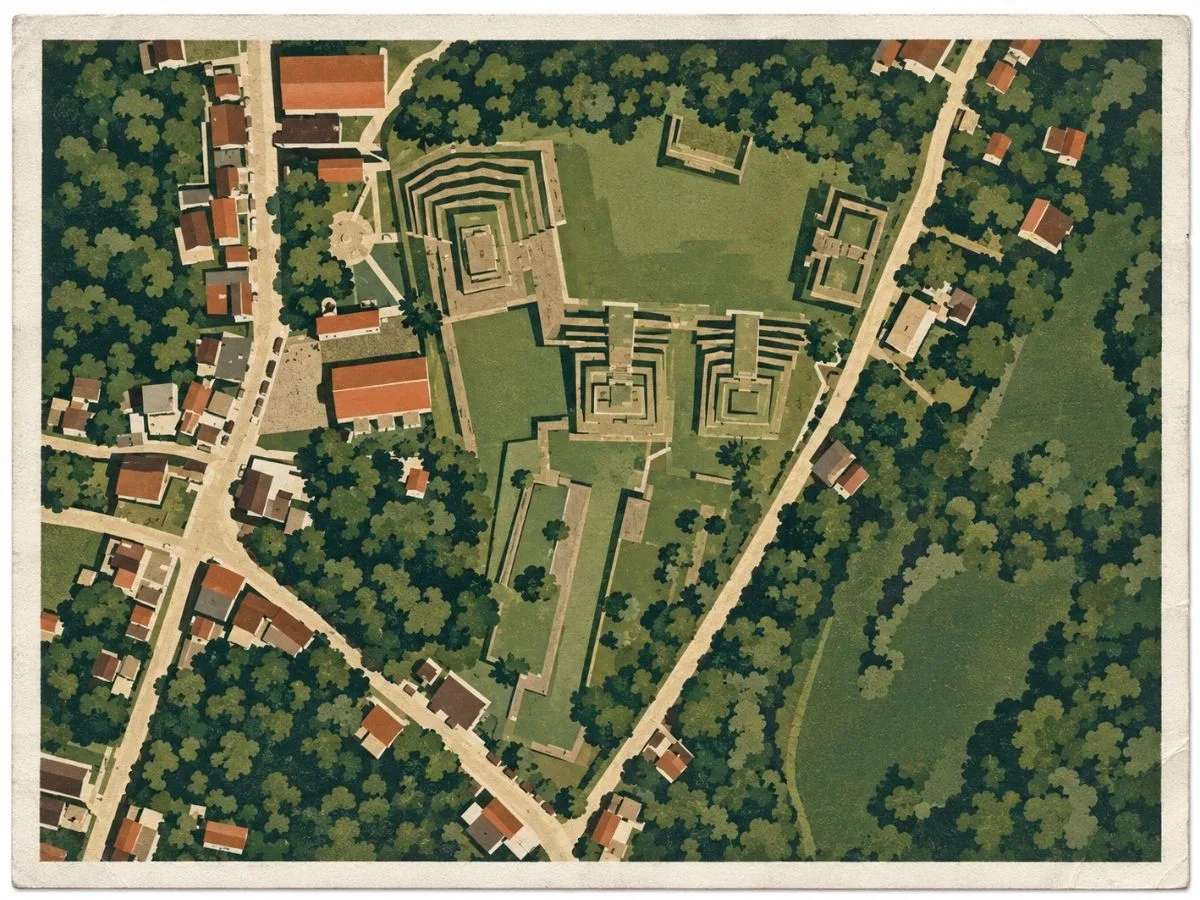 Illustrated aerial site map of Yohualichan in Puebla, Mexico, showing Totonac pyramidal structures, plazas, the ballcourt, pathways, and surrounding forest and village buildings.