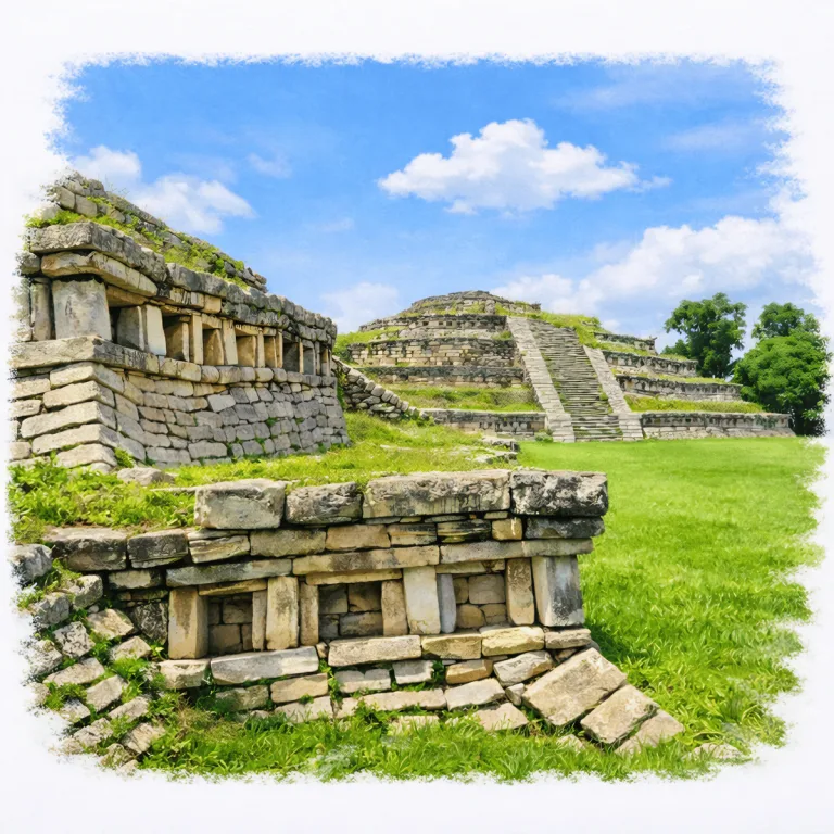West Building at Yohualichan in Puebla, Mexico, with a broad central staircase and stepped stone terraces decorated with characteristic Totonac niches.