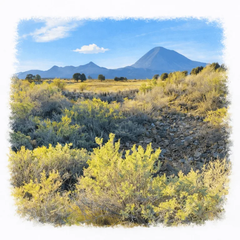 Double kiva depression at Yucca House National Monument in southwestern Colorado, surrounded by sagebrush with Sleeping Ute Mountain in the background.