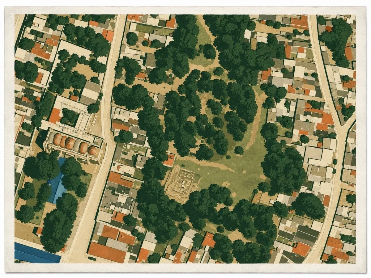 Illustrated aerial site map of Zaachila in Oaxaca, Mexico, showing the archaeological zone with its central mound, tomb area, trees, pathways, and the surrounding modern town.