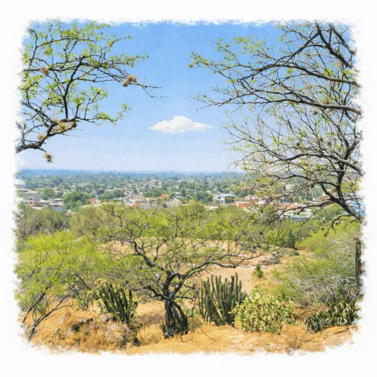 View from the Zapotec tomb area at Zaachila in Oaxaca, Mexico, looking across dry vegetation and trees toward the modern town of Zaachila.