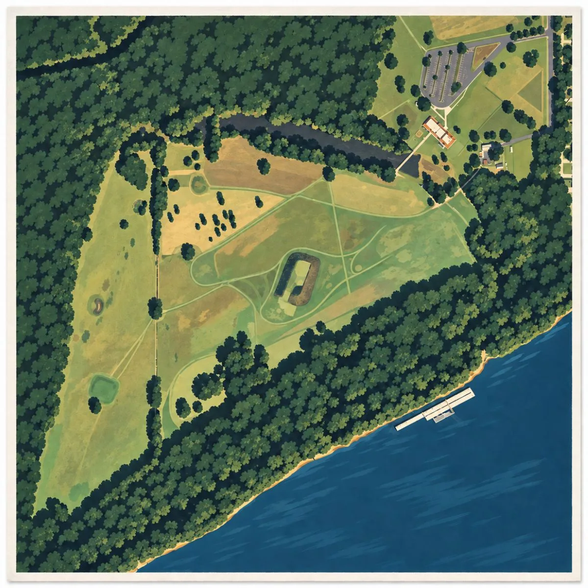 Illustrated aerial site map of Angel Mounds near Evansville, Indiana, showing the central mound complex, surrounding earthworks, open grounds, paths, forested areas, and the riverfront.