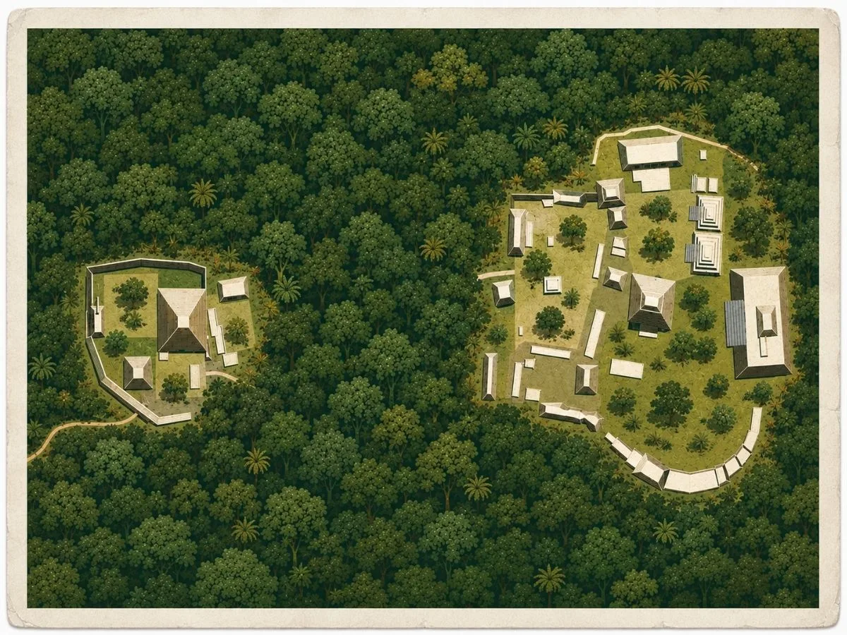 Illustrated aerial site map of Balamkú in Campeche, Mexico, showing two principal Maya architectural groups with temples, plazas, smaller structures, and surrounding dense tropical forest.