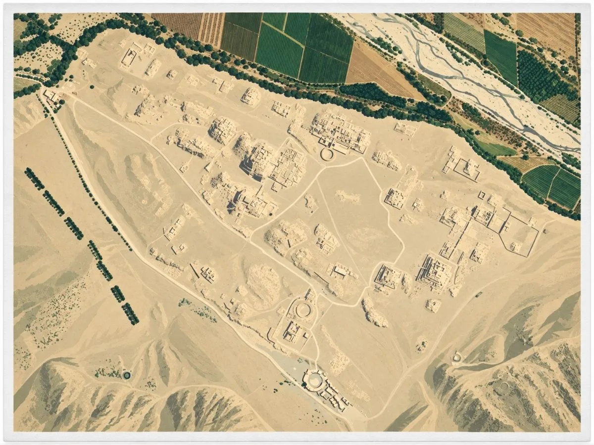 Illustrated aerial site map of Caral in the Supe Valley, Peru, showing major pyramidal structures, sunken circular plazas, residential areas, pathways, and surrounding desert and agricultural land.