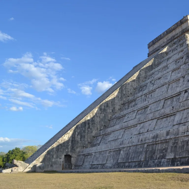 El Castillo at Chichén Itzá in Yucatán, Mexico, showing the equinox serpent-shadow effect descending the north staircase.