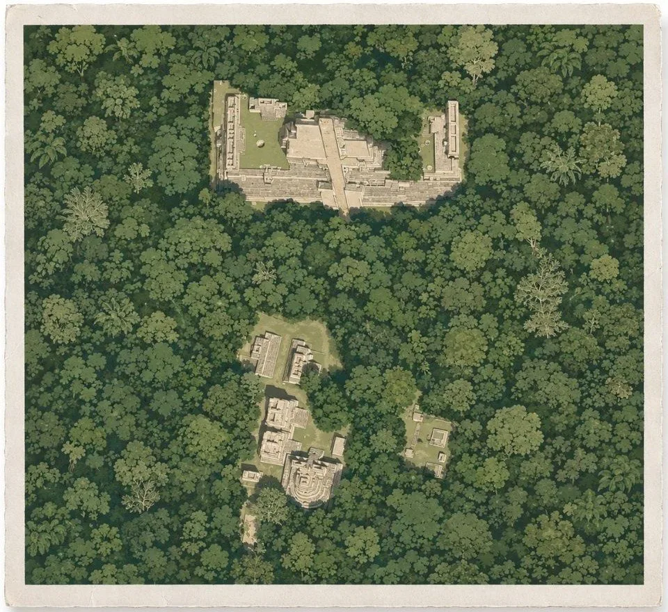 Illustrated aerial site map of Ek Balam in Yucatán, Mexico, showing the Acropolis in the North Plaza and the temples, palaces, plazas, and ball court of the southern ceremonial area surrounded by dense tropical forest.