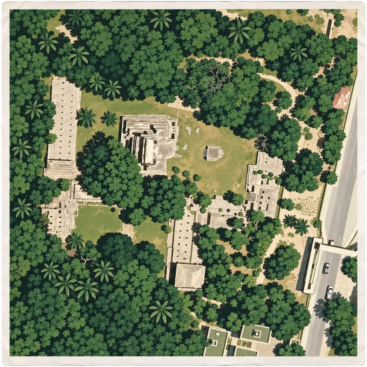 Illustrated aerial site map of the archaeological site of El Meco in Quintana Roo, Mexico, showing the main structures, paths, vegetation, and adjacent road.