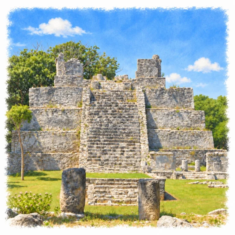 El Castillo, or Structure 1, at the Maya archaeological site of El Meco in Quintana Roo, Mexico, with a broad central staircase rising to a temple at the top.