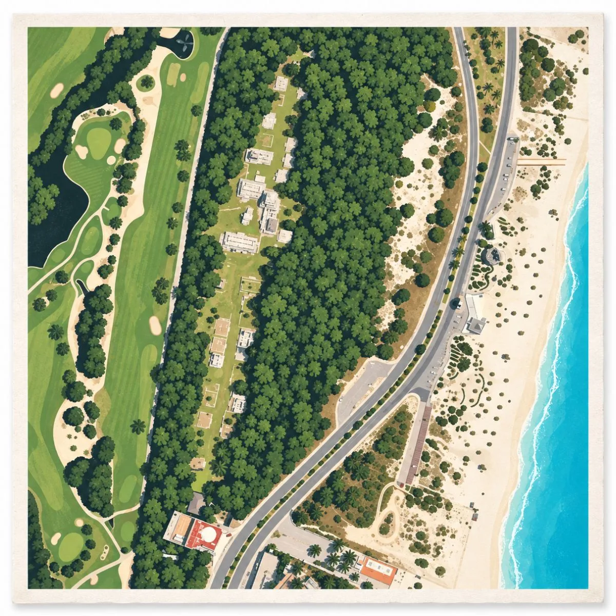 Illustrated aerial site map of the archaeological site of El Rey in Cancún, Quintana Roo, Mexico, showing archaeological structures, paths, surrounding vegetation, and the nearby coastal landscape.