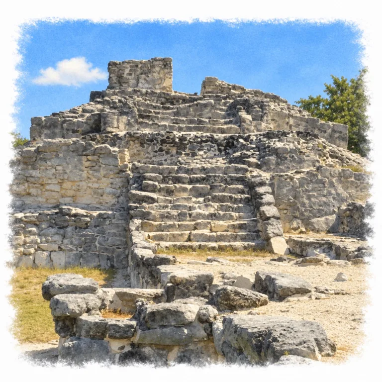 Structure 2 at the El Rey archaeological zone in Cancún, Mexico, a Maya stepped pyramid with a central staircase leading to a temple platform.