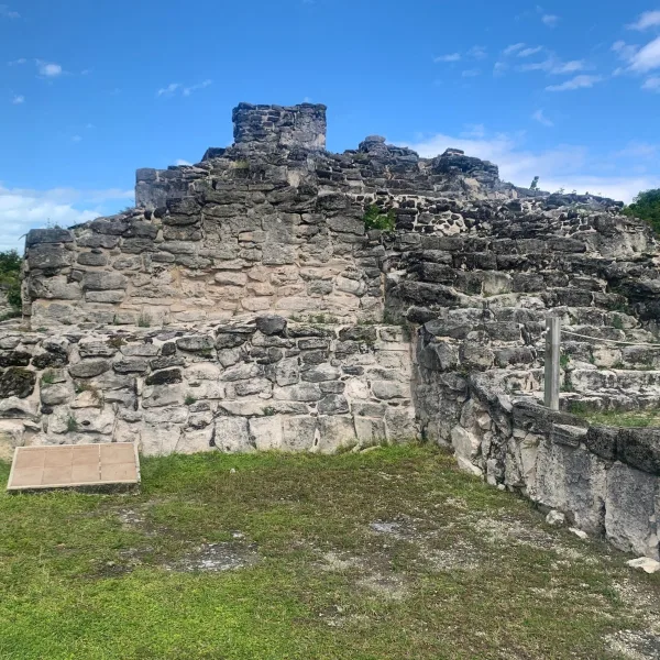 Close view of the stepped masonry and stairway of Structure 2 at El Rey in Cancún, Quintana Roo, Mexico.