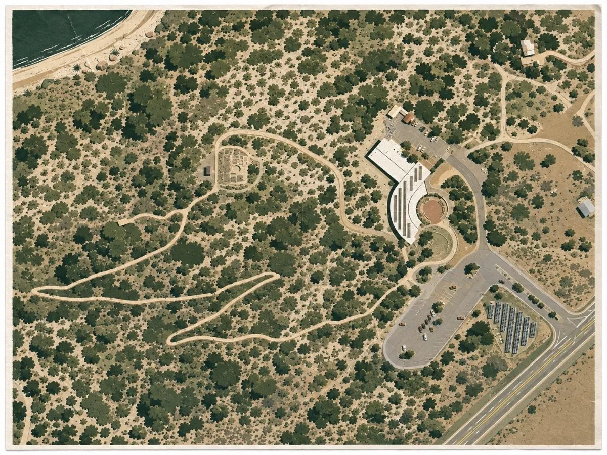 Illustrated aerial site map of Escalante Pueblo and the Canyons of the Ancients Visitor Center and Museum near Dolores, Colorado, showing the Ancestral Pueblo site, connecting trail, museum complex, parking areas, surrounding high-desert vegetation, and the edge of McPhee Reservoir.