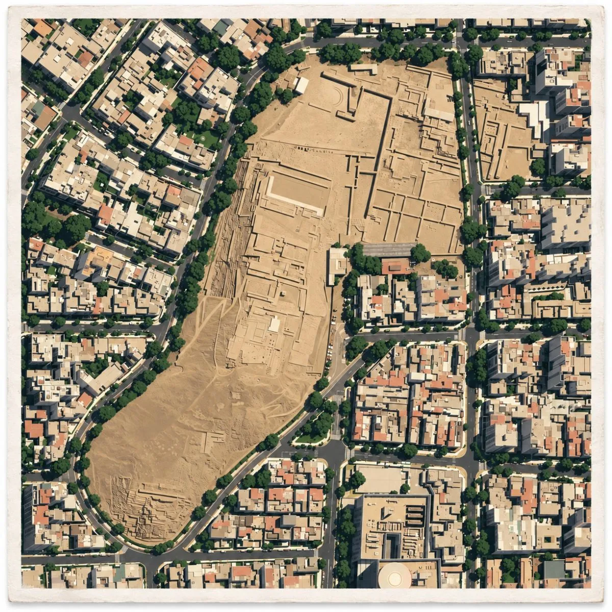 Illustrated aerial site map of Huaca Pucllana in Miraflores, Lima, Peru, showing the adobe pyramid, plazas, archaeological structures, and surrounding urban neighborhood.